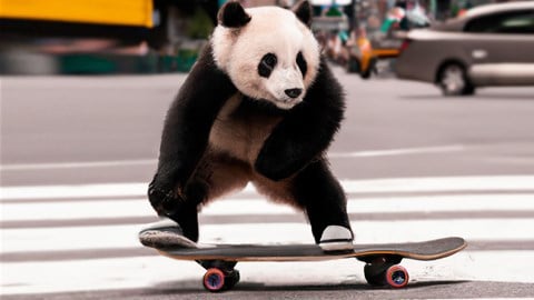 AI-generated image of a panda bear riding a skateboard