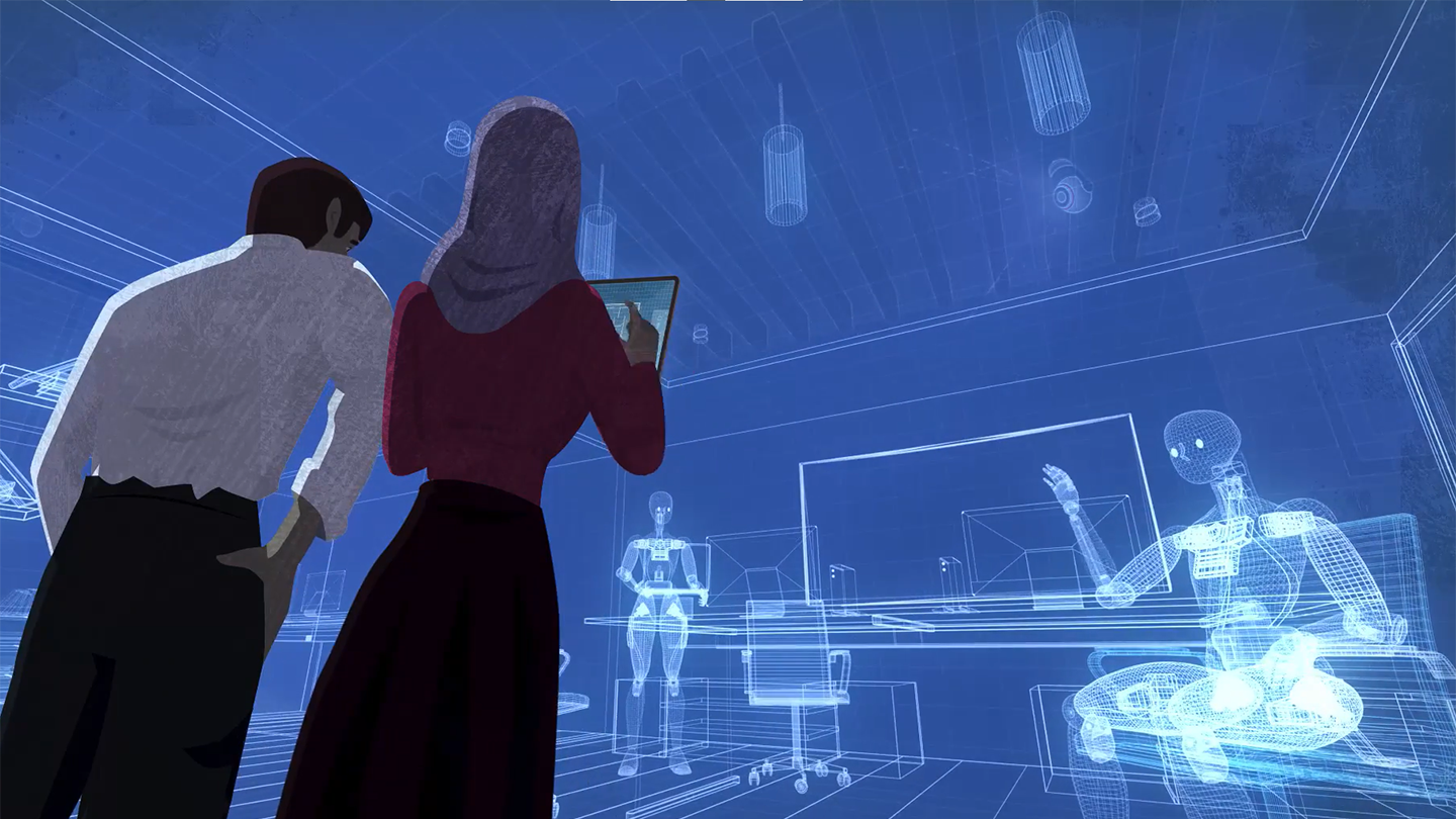 Two individuals looking at a tablet in a room with holographic blueprints of robots and office furniture.