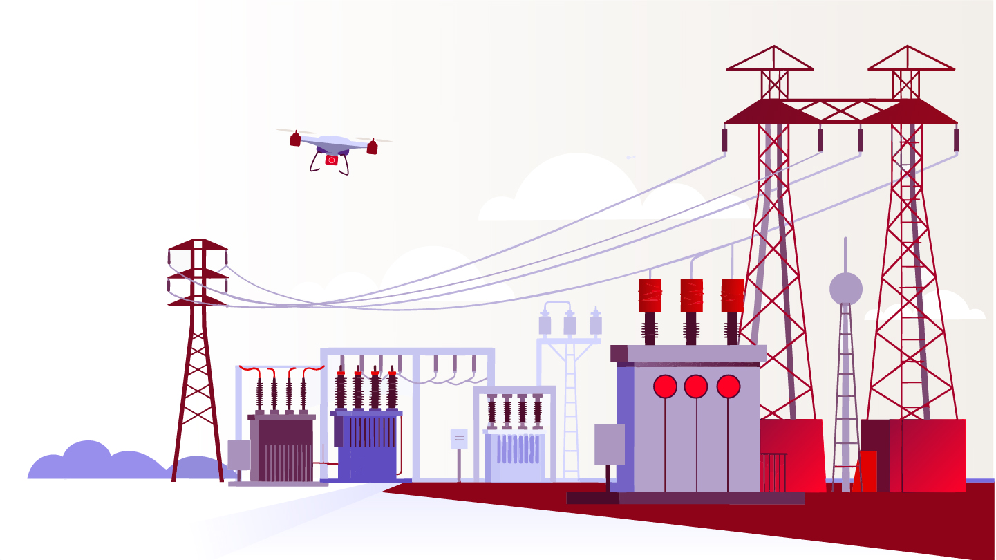 Illustration of a drone flying back and forth above an electrical substation, with transmission towers, transformers, and power lines