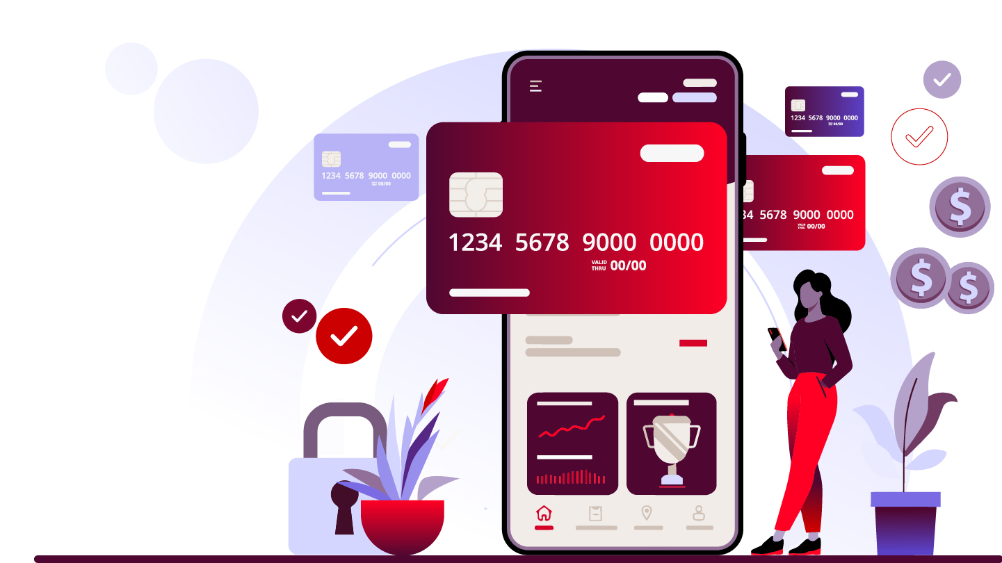 Illustration of a stylized credit card and a phone displaying a banking app, ringed by more cards, check marks, a padlock, a rising chart, and a trophy. A person stands at the right holding a phone.