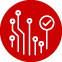 Red circle with white circuit lines and a checkmark.