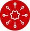 Red circle with a white gear icon in the center, connected to smaller white circles by lines.