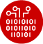 Red circle with white binary code and circuit lines.