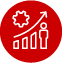 Icon showing a person next to a bar graph with an upward arrow and a gear, symbolizing growth and improvement.
