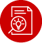 Document with a magnifying glass and light bulb icon on a red circular background.