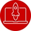 Launch app icon with rocket rising from a laptop screen in a red circle
