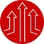 Three white arrows pointing upward inside a red circle road sign