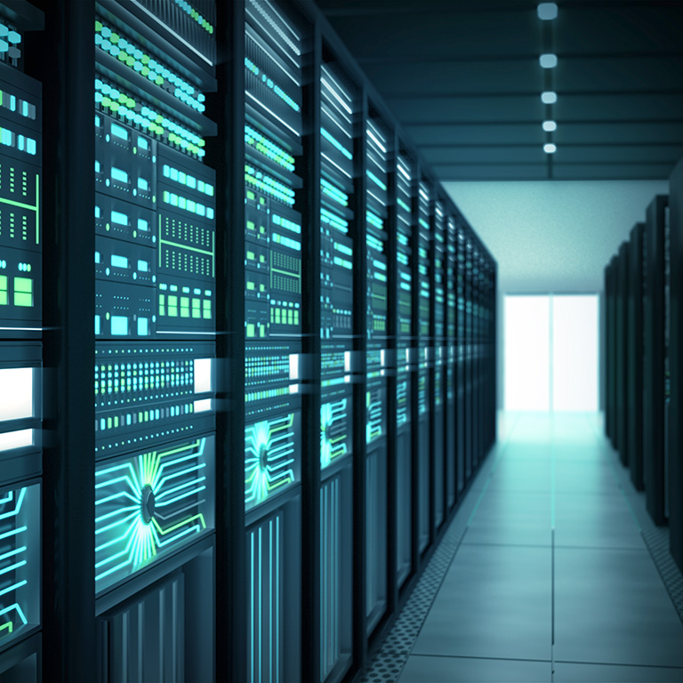 Dimly lit server room powering artificial intelligence