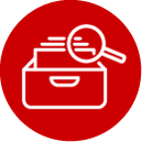 Icon of magnifying glass over a drawer with files in the center of a red circular background.