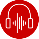 Icon of headphones with sound wave in the center on a red circular background.