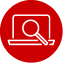 Icon of magnifying glass over a laptop screen in a red circle.