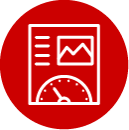Icon depicting a dashboard with a graph and gauge on a red circular background.
