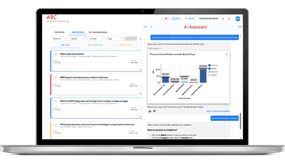 ARC by Bain & Company rotating images of the tool's output, highlighting accelerated setup, secure governance, flexible reporting, initiative management, and disciplined approval process.
