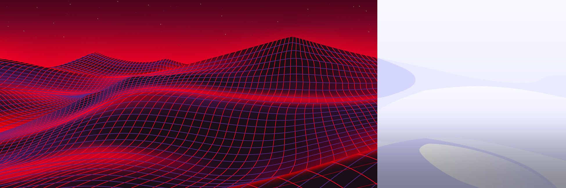 A digital landscape with a red and black grid pattern forming wavy hills under a starry sky on the left, and a light gradient background on the right.