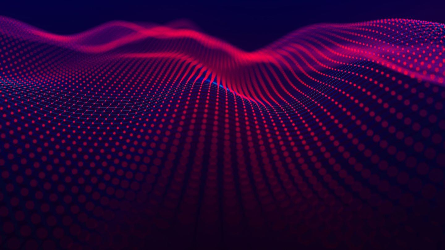 Abstrakte Datenvisualisierung mit roten Punkten auf dunklem Hintergrund – Symbol für digitale Finanzmärkte, Neobroker und moderne Investmenttechnologie.